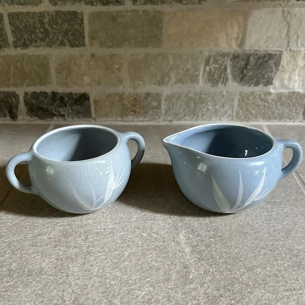 Winfield China Blue Pacific Creamer & Sugar with Lid Bamboo California